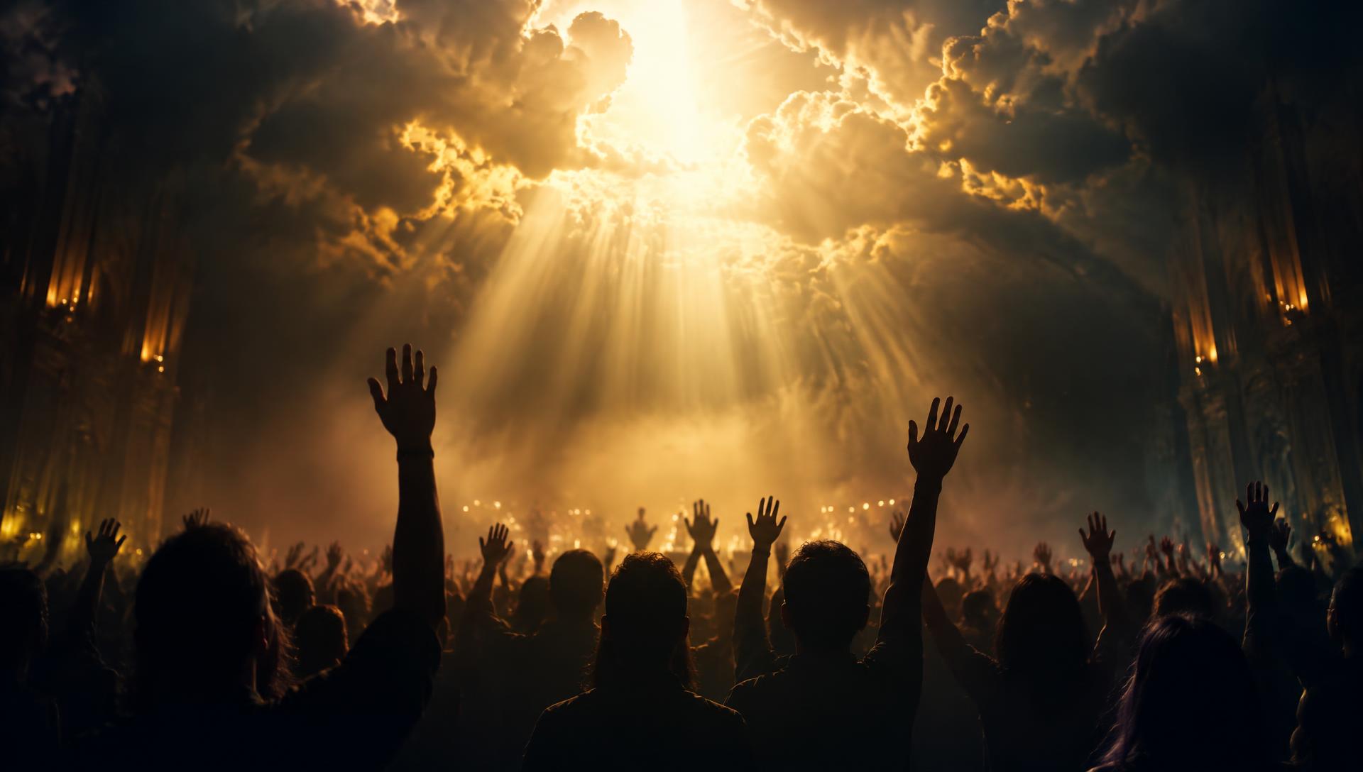 Worshippers with raised hands beneath radiant golden light